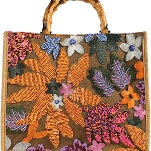 Floral Sequins Embroidery Straw Tote Bag with Bamboo Handle.
